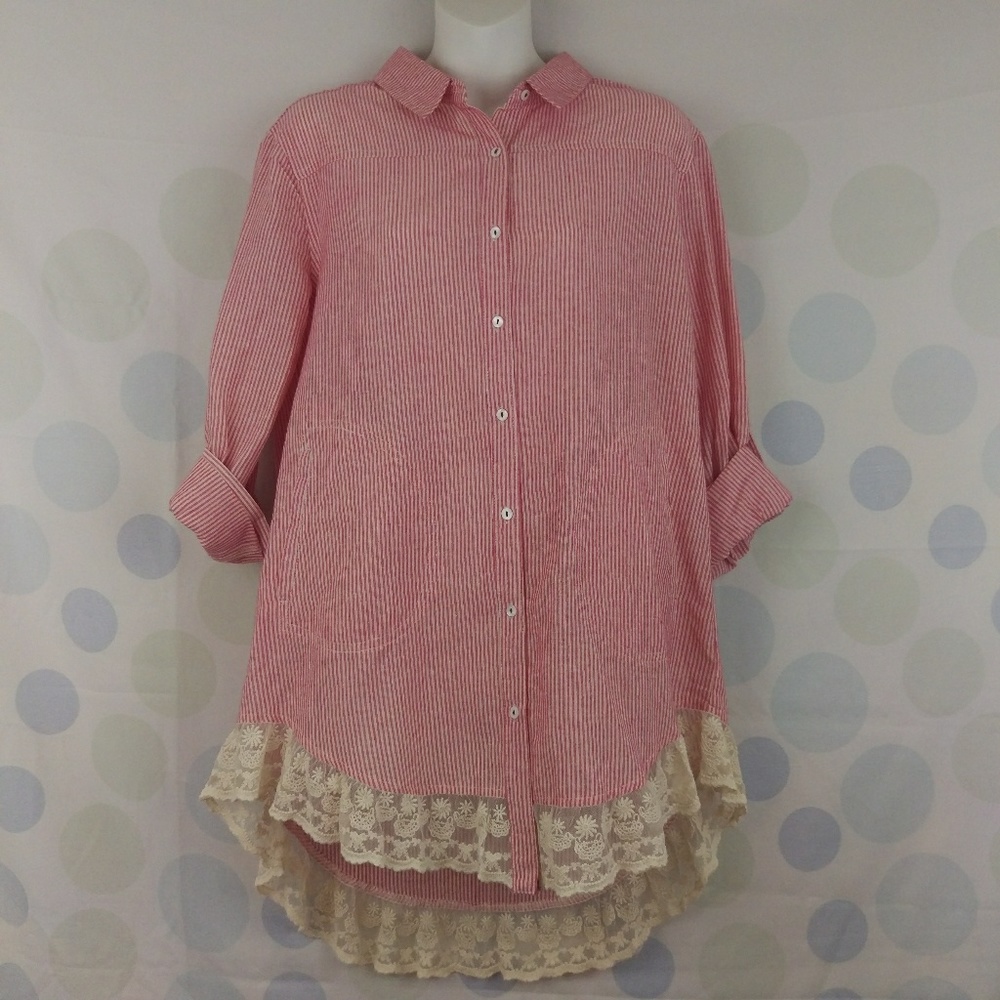 Umgee Country Striped Lace Trim Pockets Tunic - Picture 3 of 8